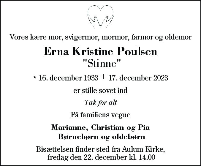 Dødsannonce for Erna Kristine Poulsen