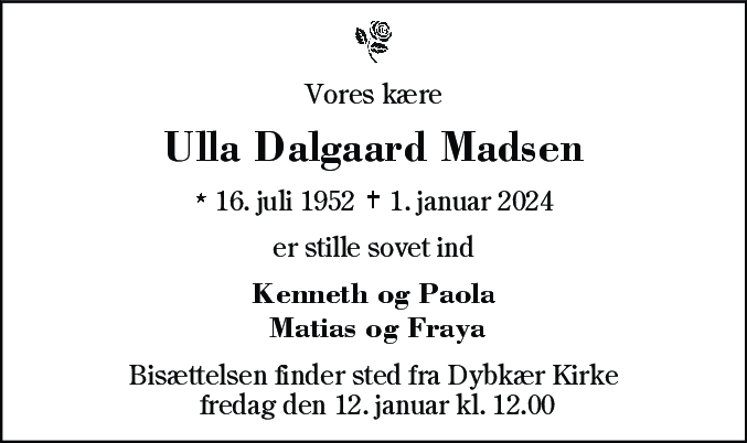 Dødsannonce for Ulla Dalgaard Madsen