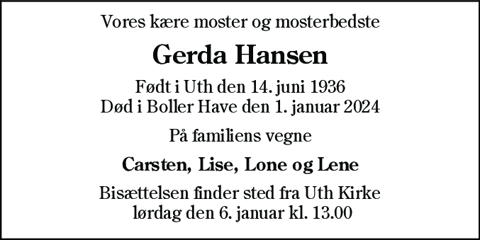 Dødsannonce for Gerda Hansen