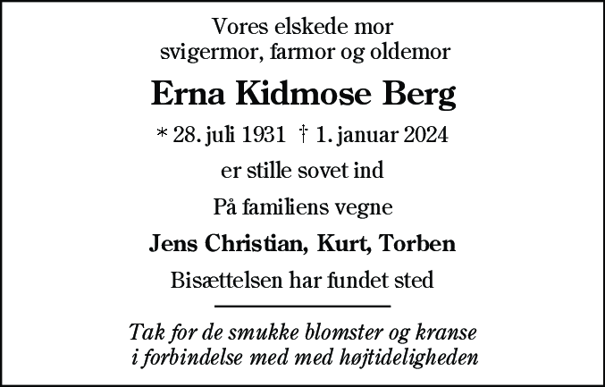 Dødsannonce for Erna Kidmose Berg