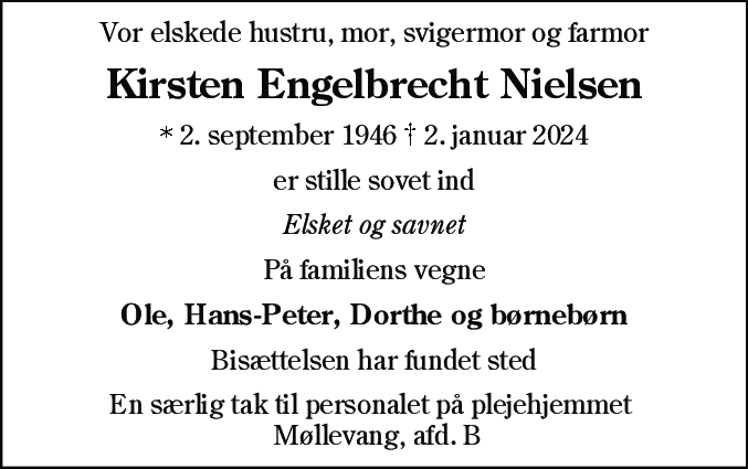 Dødsannonce for Kirsten Engelbrecht Nielsen