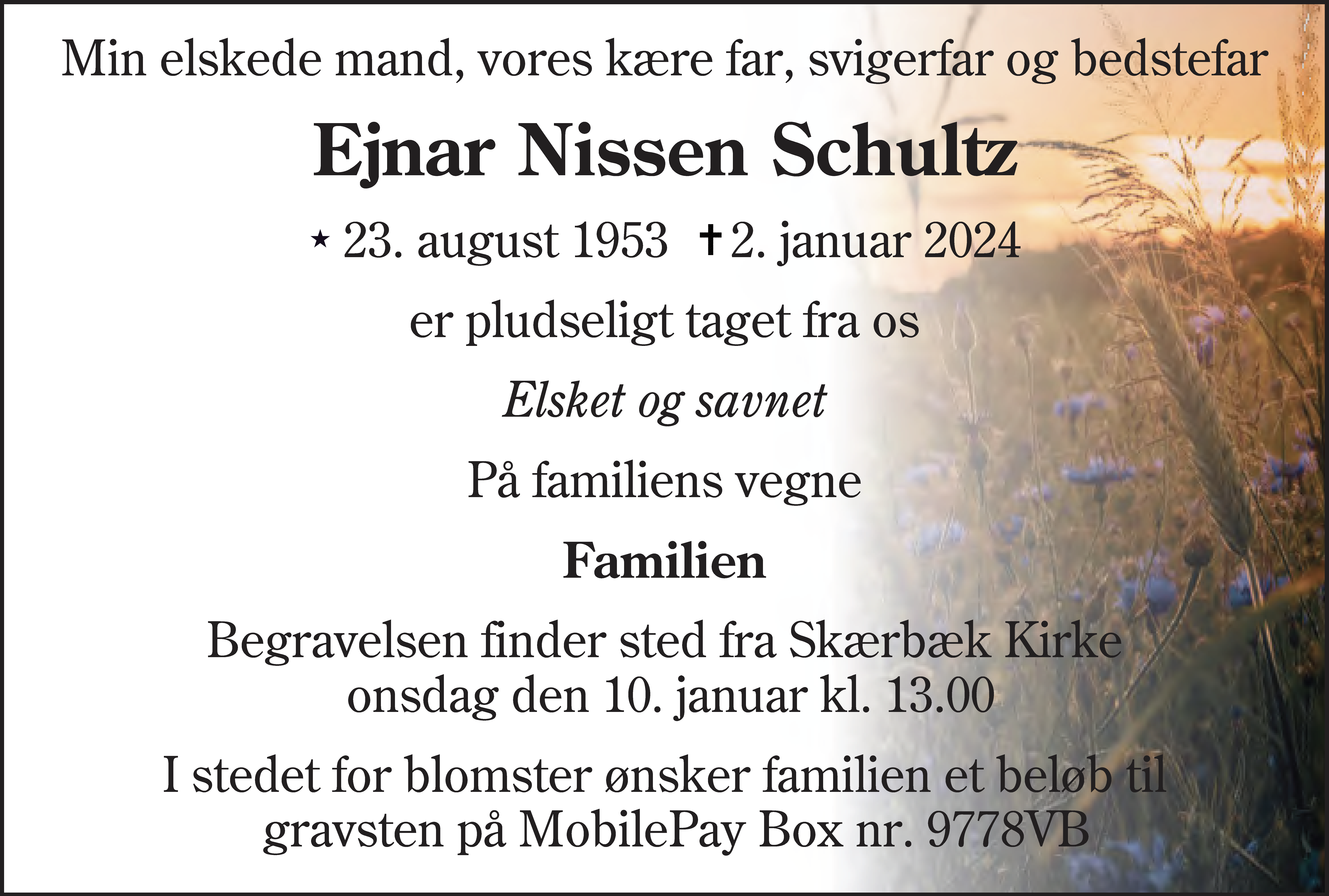 Dødsannonce for Ejnar Nissen Schultz