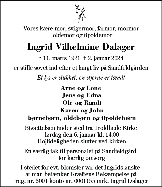 Dødsannonce for Ingrid Vilhelmine Dalager