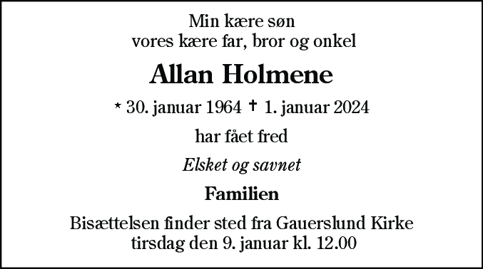 Dødsannonce for Allan Holmene