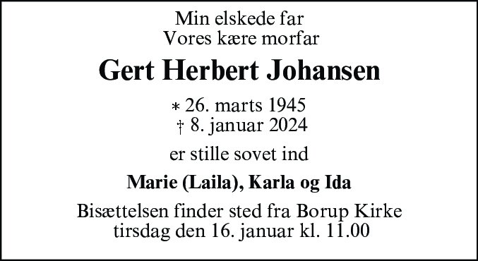 Dødsannonce for Gert Herbert Johansen