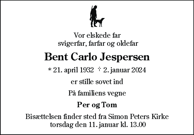 Dødsannonce for Bent Carlo Jespersen
