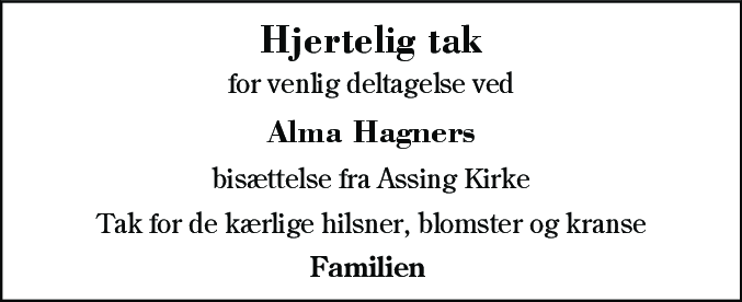 Dødsannonce for Alma Hagner