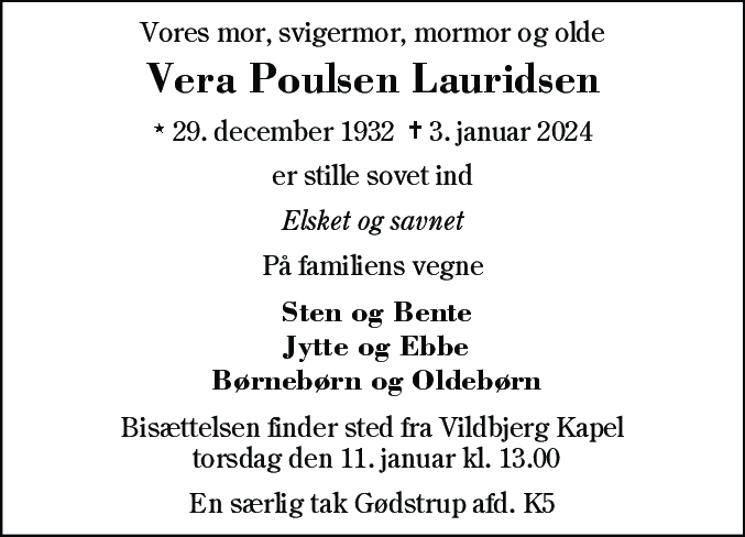 Dødsannonce for Vera Poulsen Lauridsen