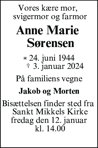 Dødsannonce for Anne Marie Sørensen