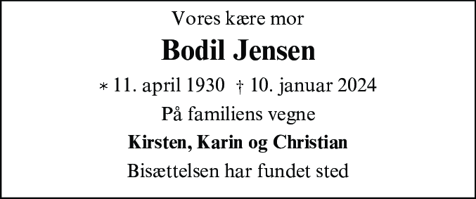 Dødsannonce for Bodil Anny Gotskalk Jensen