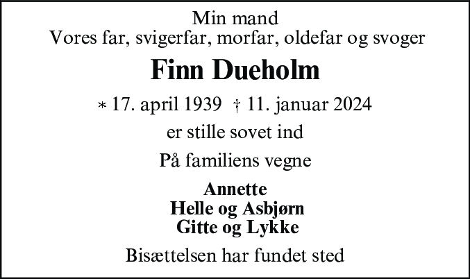 Dødsannonce for Finn Dueholm