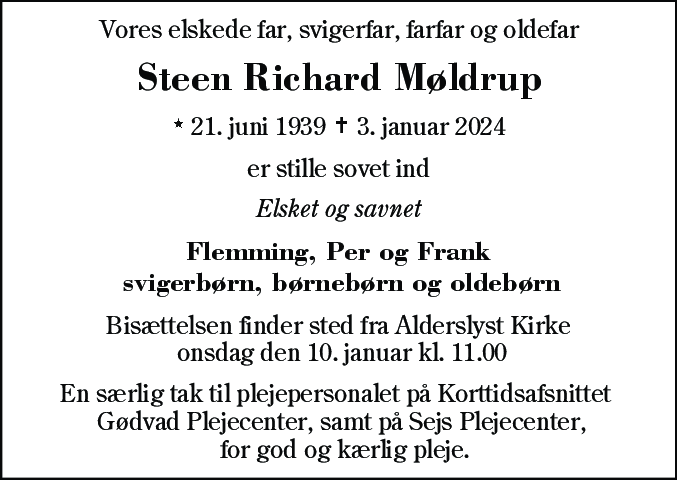 Dødsannonce for Steen Richard Møldrup