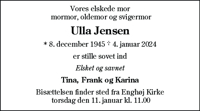 Dødsannonce for Ulla Jensen