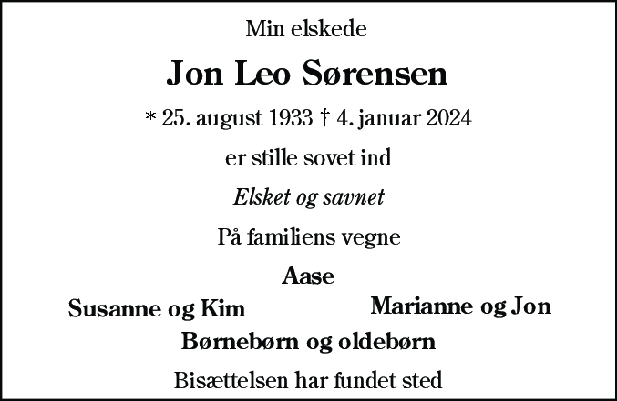 Dødsannonce for Jon Leo Sørensen