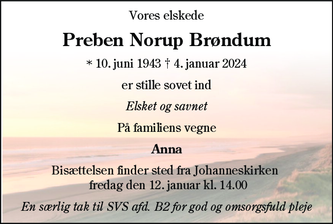 Dødsannonce for Preben Norup Brøndum