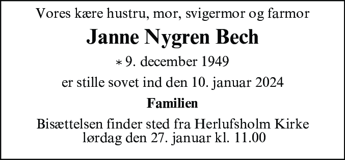 Dødsannonce for Janne Nygren Bech