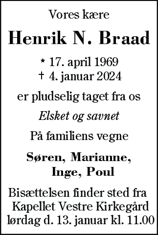 Dødsannonce for Henrik Nielsen Braad