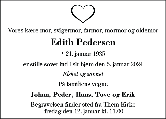 Dødsannonce for Kirstine Edith Pedersen