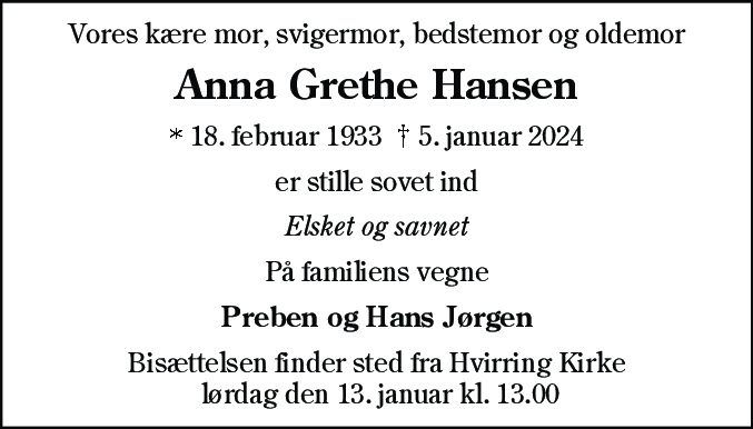 Dødsannonce for Anna Grethe Hansen