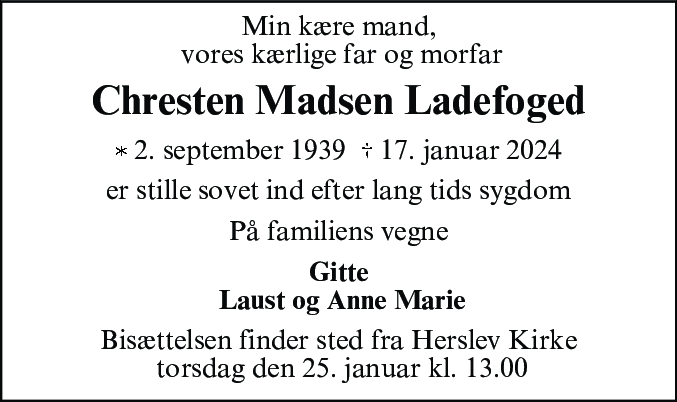 Dødsannonce for Chresten Madsen Ladefoged