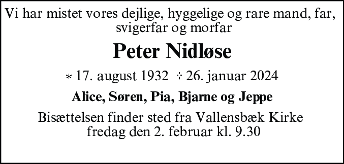 Dødsannonce for Peter Nidløse