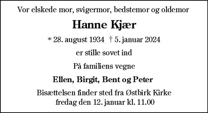 Dødsannonce for Johanne Kirstine Kjær