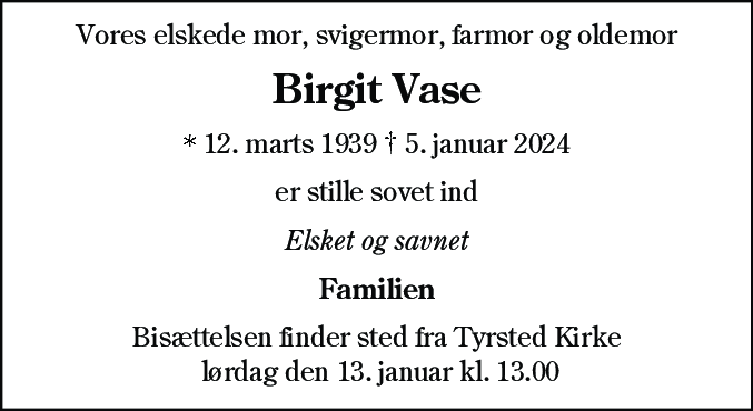 Dødsannonce for Birgit Vase