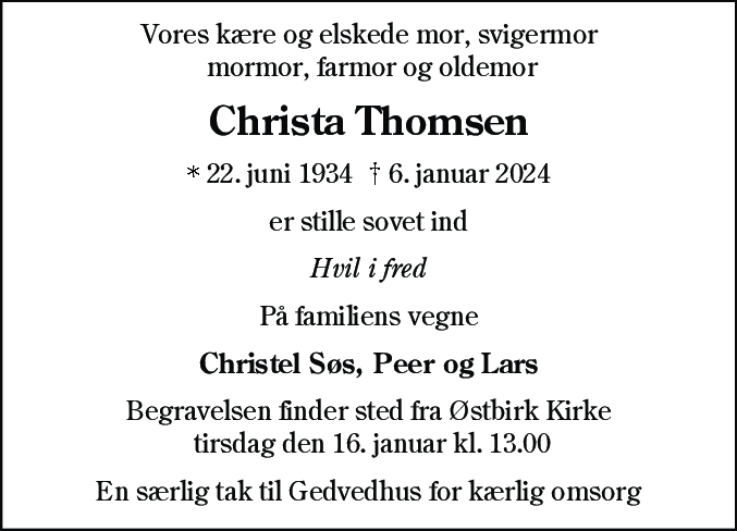 Dødsannonce for Christa Thomsen