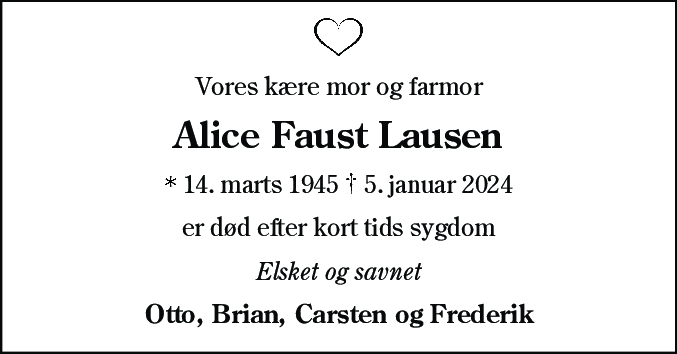 Dødsannonce for Alice Faust Lausen