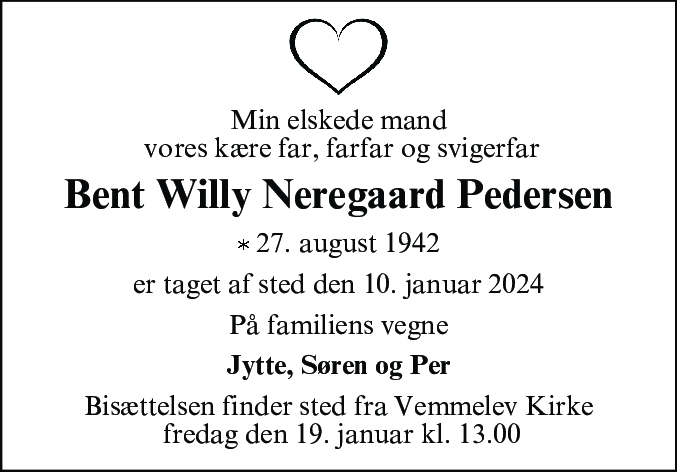 Dødsannonce for Bent Willy Neregaard Pedersen