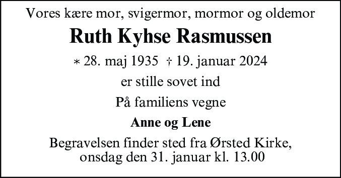 Dødsannonce for Ruth Kyhse Rasmussen