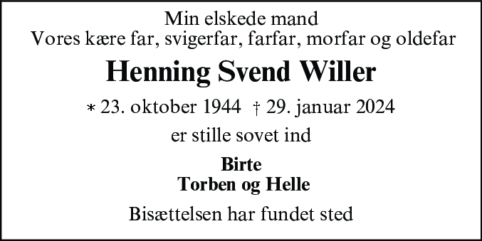 Dødsannonce for Henning Svend Willer