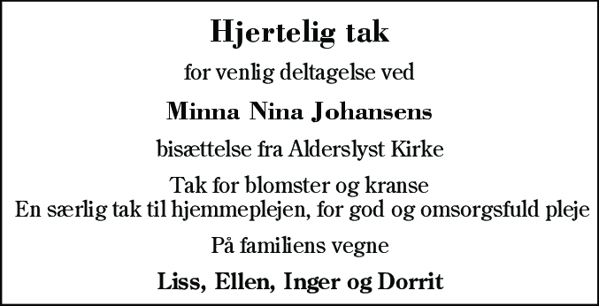 Dødsannonce for Minna Nina Johansen