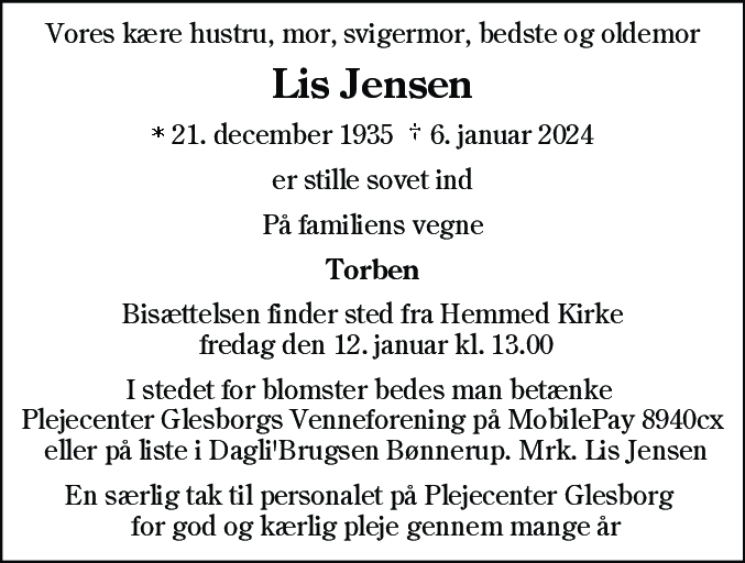 Dødsannonce for Lis Jensen