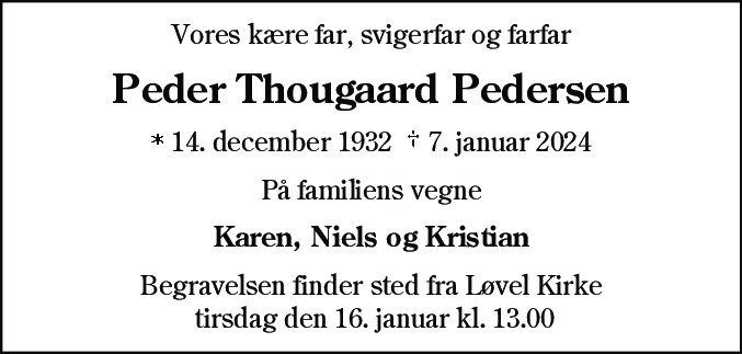 Dødsannonce for Peder Thougård Pedersen