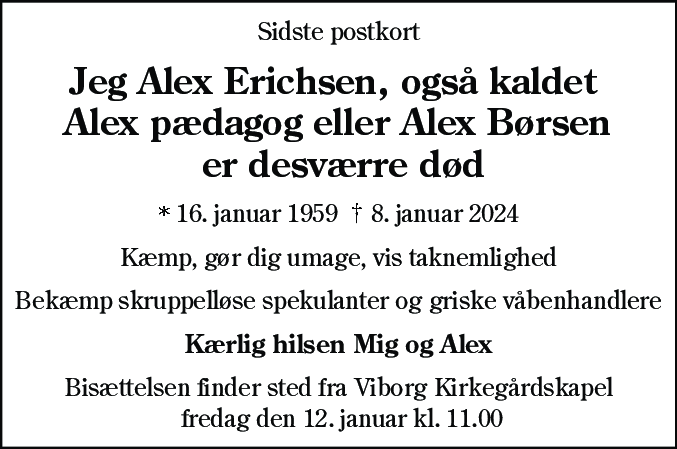 Dødsannonce for Alex Erichsen