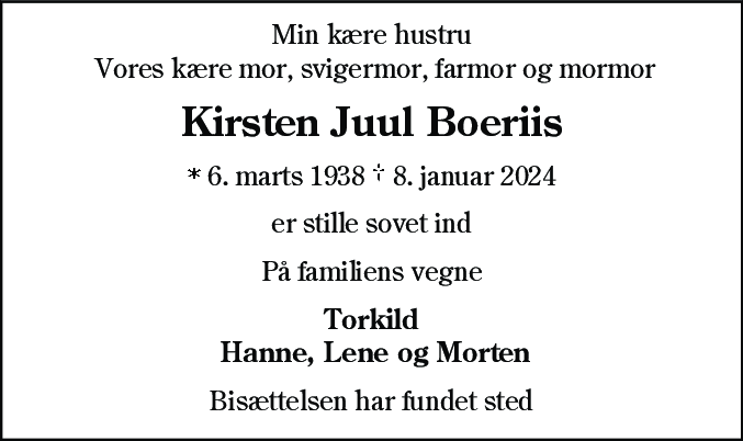 Dødsannonce for Kirsten Juul Boeriis