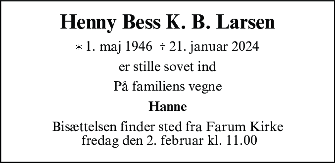 Dødsannonce for Henny Bess Karen Bødker Larsen