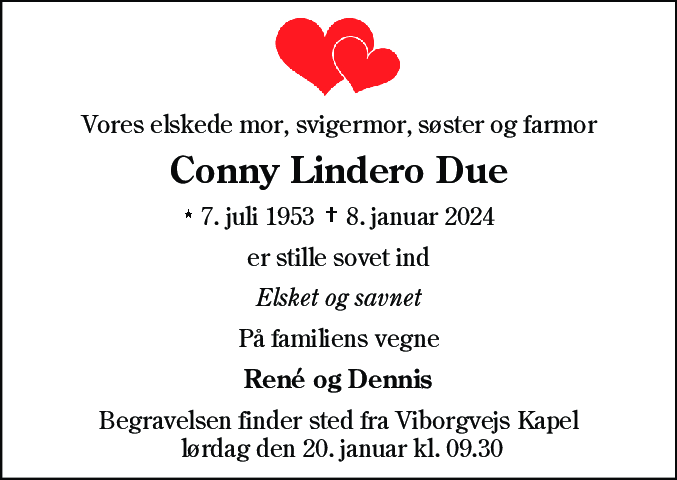 Dødsannonce for Conny Lindero Due