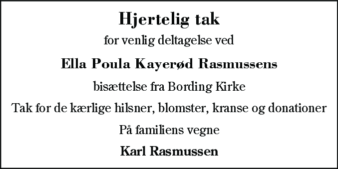 Dødsannonce for Ella Poula Kayerød Rasmussen