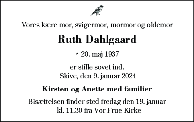 Dødsannonce for Ruth Dahlgaard