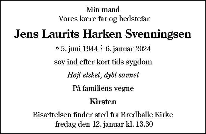 Dødsannonce for Jens Laurits Harken Svenningsen