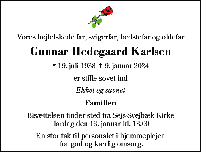 Dødsannonce for Gunnar Hedegaard Karlsen