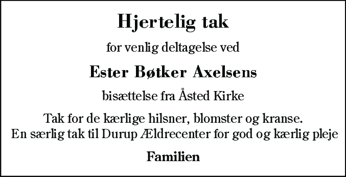 Dødsannonce for Ester Bøtker Axelsen
