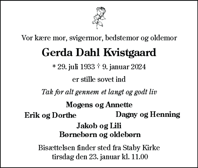 Dødsannonce for Gerda Dahl Kvistgaard