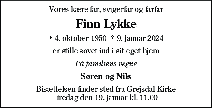Dødsannonce for Finn Lykke