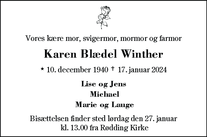 Dødsannonce for Karen Blædel Winther