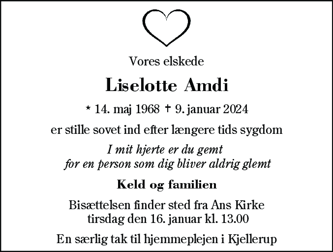 Dødsannonce for Liselotte Amdi