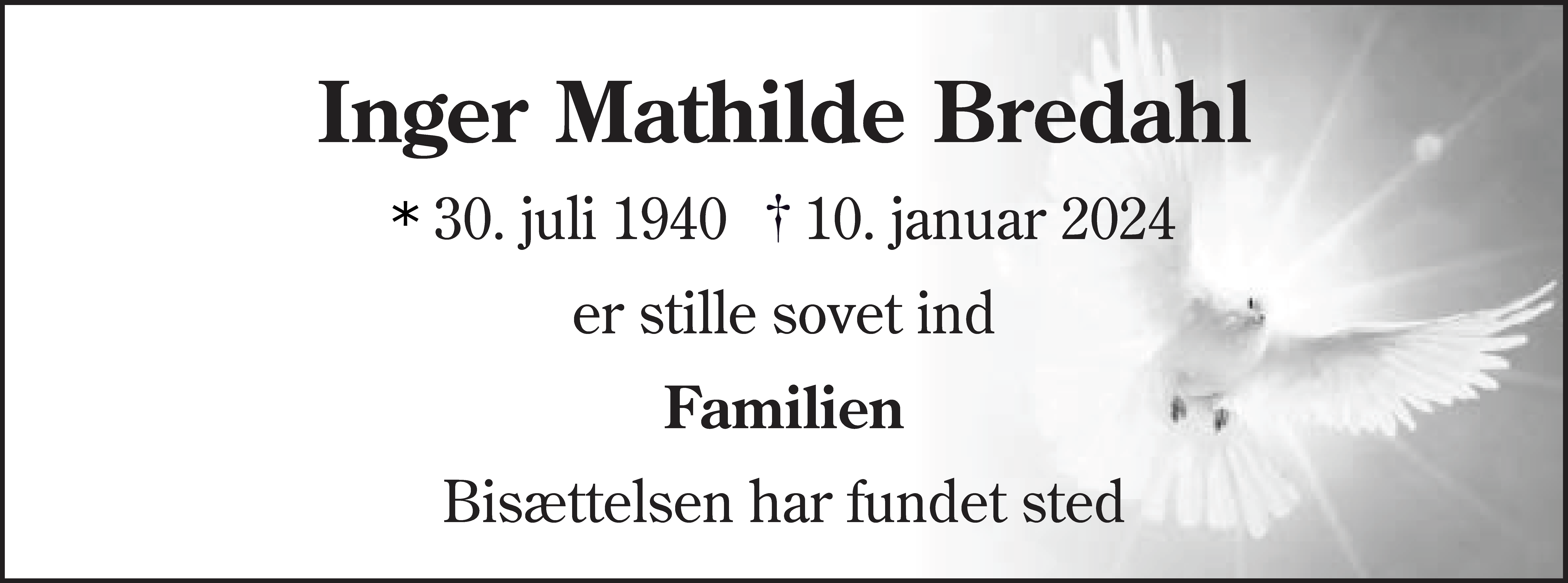 Dødsannonce for Inger Mathilde Bredahl