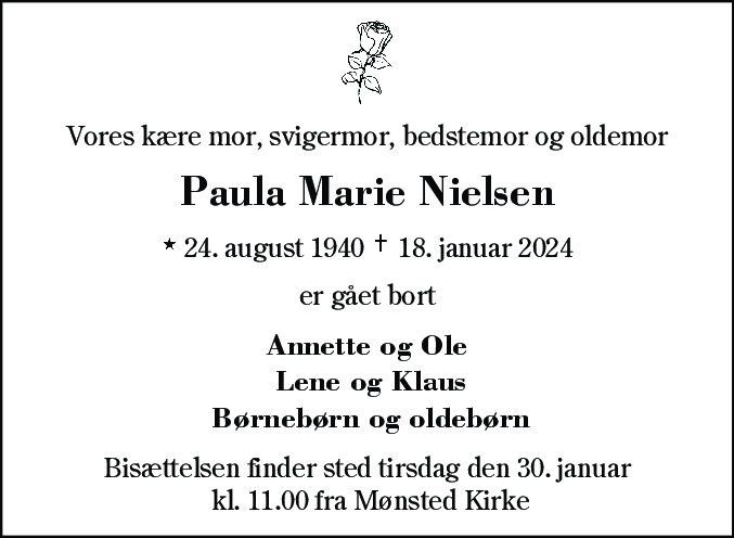 Dødsannonce for Paula Marie Nielsen